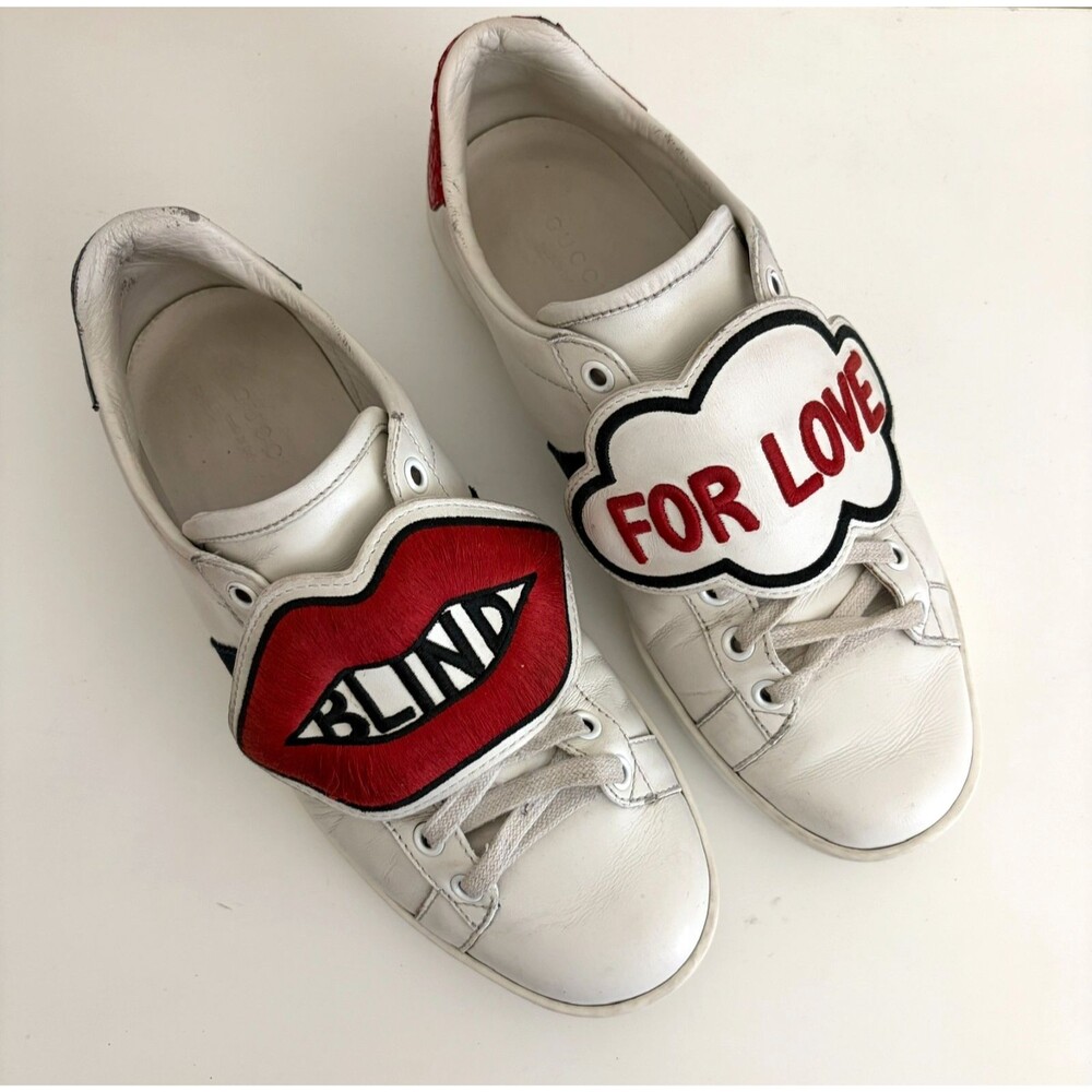 Gucci Ace Blind For Love Patch Sneakers Women 38 EU US 8 White Leather Authentic